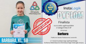 Barbara, kl. 6b - finalistka Ogólnopolskiego Konkursu Matematyczno-informatycznego InstaLogik